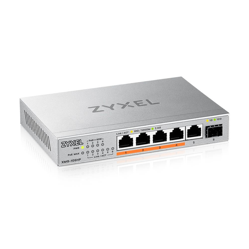 Zyxel XMG-105HP Unmanaged 2.5G Ethernet (100/1000/2500) Power over Ethernet (PoE) support Silver