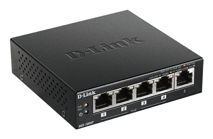 D-Link DGS-1005P/E nätverksswitchar Ohanterad Gigabit Ethernet (10/100/1000) Strömförsörjning via Ethernet (PoE) stöd Svart