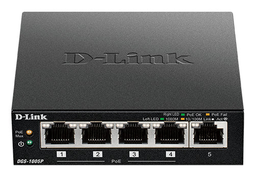 D-Link DGS-1005P/E nätverksswitchar Ohanterad Gigabit Ethernet (10/100/1000) Strömförsörjning via Ethernet (PoE) stöd Svart